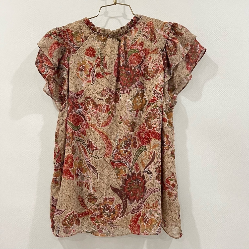 Joie Floral metallic Cap Ruffle Sleeve Size Medium Lined Brown Red Blouse Top - Picture 4 of 11